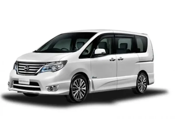 Elegant white Nissan Serena deluxe MPV in exclusive KKIA car rental collection, featuring refined aesthetics and superior family comfort