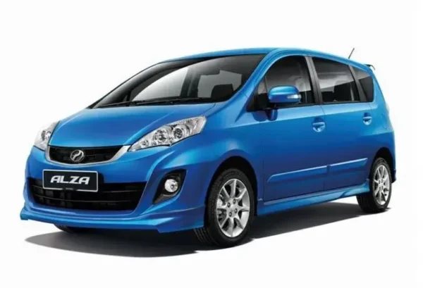 Vibrant blue Perodua Alza compact MPV from KKIA car rental fleet, fuel-efficient option for small families visiting Kota Kinabalu